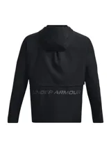 Campera deportiva Under Armour Launch Hooded Jacket, color gris azulado, con cierre frontal completo, capucha y logo en el pecho.