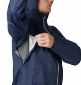Campera impermeable Columbia Evapouration Jacket, color celeste, con capucha ajustable, cierre frontal completo, bolsillos laterales con cierre y ventilación en las axilas.
