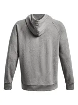 Buzo gris de Under Armour, línea Rival Fleece, con capucha y logo estampado en el frente.