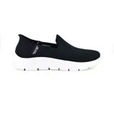 Championes Skechers sin cordones, modelo GO WALK Flex, color negro con suela blanca. Capellada de malla transpirable, plantilla Skechers Air-Cooled Memory Foam y amortiguación ULTRA GO.