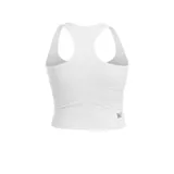 Top deportivo corto color blanco, con escote redondo y espalda tipo nadador (racerback). Presenta un tejido texturizado y el logo de la marca 361° en gris claro en la parte inferior frontal.