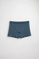 Boxer corto azul con estampado de barcos blancos.