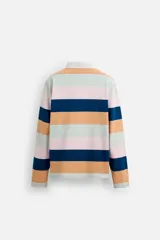 Polo de manga larga con cuello clásico y cierre de botones oculto. Diseño a rayas horizontales en colores azul, naranja, rosa y verde.