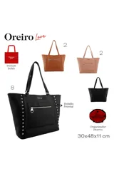 Cartera tote marrón de cuero sintético con bolsillo frontal con cierre, tachas plateadas en los laterales y organizador interno.