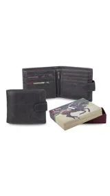 Billetera de hombre color marrón claro, tipo plegable, con cierre de presilla y broche. Presenta múltiples compartimentos internos para tarjetas y billetes, y un compartimento con cierre para monedas.