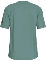 Remera verde de corte clásico y manga corta, con cuello redondo y logo de Calvin Klein en la manga.