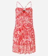 Vestido corto en tul con estampa étnica, drapeado delantero y escote gota.