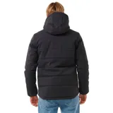 Campera negra acolchada con capucha, cierre frontal con cremallera, bolsillos laterales con cierre y logo de la marca en el pecho.