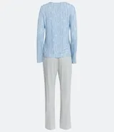 Conjunto de pijama largo de dos piezas en tejido de punto suave. La blusa es de manga larga con cuello en V y detalle de encaje. El pantalón es de corte recto con cintura elástica.