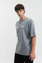 Remera gris con efecto gastado, corte oversize, manga corta y cuello redondo. Estampa frontal con la palabra "Mistr" y logo de la marca en azul.