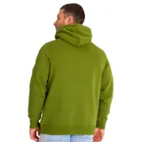 Buzo canguro verde oliva con capucha ajustable y cordones, bolsillo frontal y logo CAT estampado en blanco en el pecho.