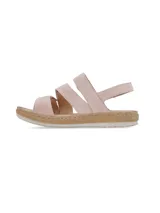 Sandalias de cuero nobuck color rosa pálido, con múltiples tiras ajustables con velcro, plantilla de cuero acolchada y suela de PVC cosida y flexible.