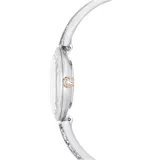 Reloj de pulsera con caja ovalada de acero inoxidable y detalles en tono oro rosa. El brazalete es de metal ajustable decorado con piedras de cristal Ultra Fine Crystal Rocks. La esfera es iridiscente blanca con el cisne de Swarovski a las 12 horas.