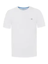 Remera blanca de algodón orgánico con cuello redondo y logo bordado en el pecho.