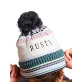 Gorro de lana tejido con diseño jacquard multicolor, que incluye franjas verticales y patrones geométricos en tonos pastel y oscuros. Presenta un pompón grande en la parte superior y la palabra "RUSTY" bordada en el centro.