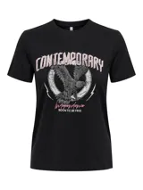 Camiseta negra de algodón con estampado de águila y texto en color rosa.