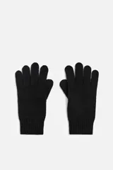 Guantes negros de punto, tejidos en lana y cashmere con terminación acanalada en los puños.