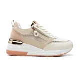 Championes deportivos Korium Alaska, color beige y blanco con detalles dorados.