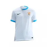 Camiseta de fútbol Nike Stadium de la selección uruguaya, modelo visitante 2025. Diseño blanco con cuello redondo y puños en color celeste. Escudo de la AUF con cuatro estrellas en el pecho izquierdo y logo Nike en el derecho.