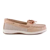 Zapato náutico de cuero negro con cordones y suela blanca.
