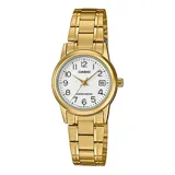 Reloj Casio clásico de acero inoxidable color dorado, con esfera blanca, agujas doradas y números arábigos negros. Incluye indicador de fecha.