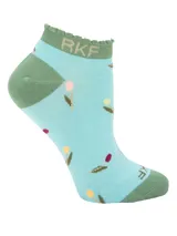 Calcetines tobilleros celestes con puño verde y estampado de flores de colores.