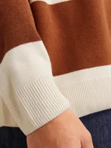 Polo de manga larga con rayas horizontales anchas en color marrón y beige, con cuello clásico y cierre de botones parcial.