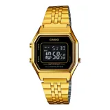 Reloj digital Casio Retro modelo LA680WGA-1BF, con caja octogonal y malla de acero inoxidable color dorado.