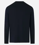 Remera negra de algodón, corte slim, cuello redondo, mangas largas y aberturas triangulares en los hombros.