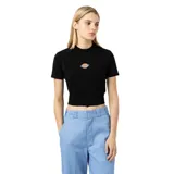 Remera corta negra de manga corta con cuello redondo y logo de Dickies bordado en el pecho.