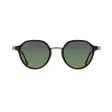 Lentes de sol Indie modelo Ringo, con marco redondo de madera ébano, patillas de acetato y metal, puente ajustable y lentes polarizados verdes degradé con protección UV.