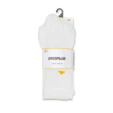 Par de calcetines grises tipo crew con logo de Caterpillar bordado en amarillo en el tobillo y texto "Caterpillar" en la puntera.