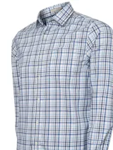 Camisa de hombre de manga larga con estampado a cuadros azules y rosas. Confeccionada en popelina elástica de algodón orgánico con tecnología Natural Flex.