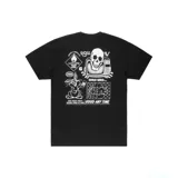 Remera negra de algodón con cuello redondo y mangas cortas. Estampa en el pecho y la espalda con un conejo leyendo un diario y el logo de Vans.