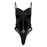 Body negro con tiras finas ajustables, corte cavado y aberturas geométricas en el frente.