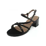 Sandalias negras de cuero sintético con tiras finas cruzadas y tacón cuadrado.