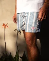 Short de baño celeste y blanco a rayas verticales, con cintura elástica y cordón ajustable.