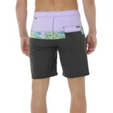 Short de baño Rip Curl Mirage Split Peak, con cintura lila, banda con diseño geométrico en amarillo y azul, y cuerpo negro.