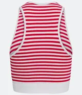 Musculosa cropped de punto acanalado con rayas horizontales rojas y blancas, cuello redondo y sisas con ribete blanco.