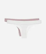 Kit de dos bombachas bikini tipo hilo, una blanca y otra rosa, con cintura elástica contrastante.