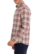 Camisa de franela a cuadros color celeste, naranja y marrón, de manga larga y corte moderno.