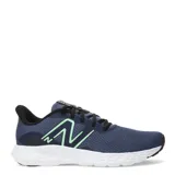 Championes New Balance 411 V3, color azul con detalles en negro y verde agua, ideales para running.