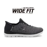 Championes deportivos Skechers Slip-ins Summits Dazzling Haze Wide Fit, color negro jaspeado, con cordones elásticos fijos y plantilla Skechers Air-Cooled Memory Foam. Diseñados con Heel Pillow para un ajuste cómodo y fabricados con materiales 100% veganos.