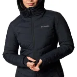 Campera Columbia Joy Peak II Mid para mujer, color negro, con capucha y largo hasta la mitad del muslo. Cuenta con forro termorreflectivo Omni-Heat™ Infinity, tecnología Omni-Shield™ que repele la humedad y aislamiento Thermarator™ de poliéster reciclado.