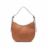 Cartera tipo hobo color suela, de cuero sintético, con asa de hombro ajustable, forro interior textil y bolsillo interno con cierre.