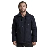 Campera de paño azul oscuro con cuello de corderito, cierre con botones a presión y múltiples bolsillos.