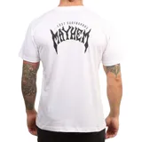 Remera blanca de manga corta con cuello redondo y logo de Lost Surfboards By Mayhem estampado en el pecho.