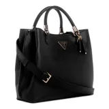 Cartera Guess modelo Gizele mediana, color negro con textura saffiano y detalles metálicos dorados. Tiene doble asa de mano, correa bandolera ajustable y desmontable, cierre superior con cremallera, bolsillo interno con cremallera y llavero con borla colgante.