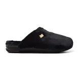 Pantufla abierta color negro, con interior de piel sintética y detalle de logo dorado en el lateral.