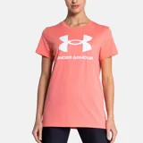 Remera gris de mujer marca Under Armour, de corte clásico y manga corta. Presenta el logo de la marca estampado en el pecho con diseño camuflado en tonos azules y negros.